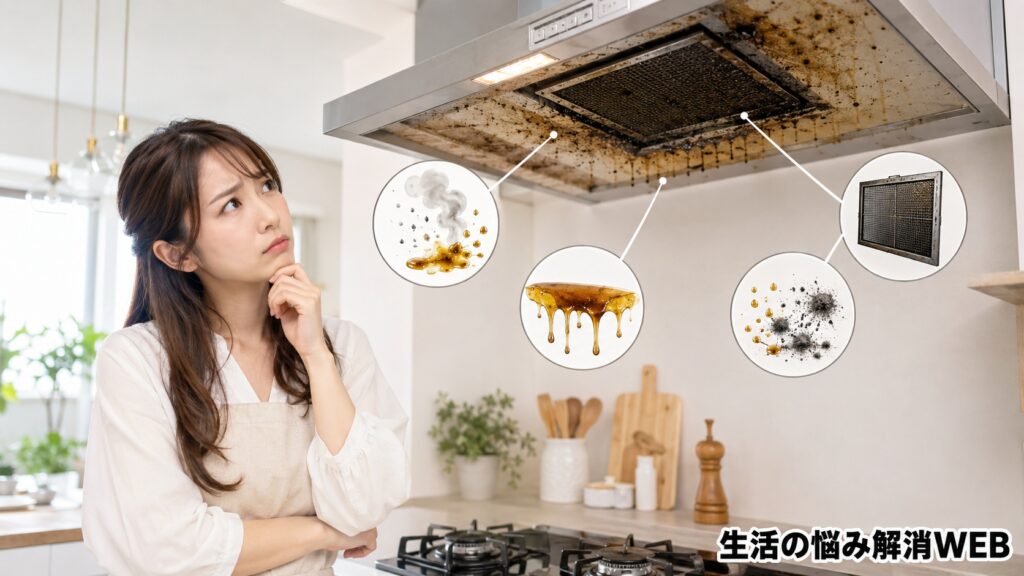 油汚れやホコリでベタついたレンジフードを見上げながら、原因を考えている若い女性の様子