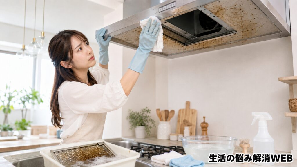 若い女性が手袋を着けてレンジフードを拭き掃除し、外したフィルターをつけ置きしているキッチンの様子