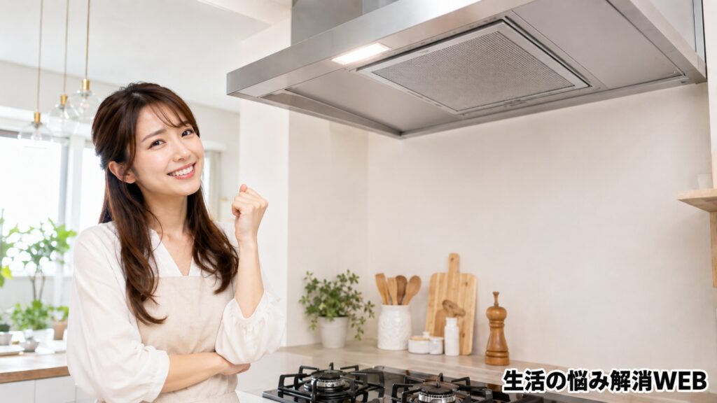 掃除後のきれいなレンジフードの前で、満足そうにほほえむ若い女性が立つ明るいキッチンの様子