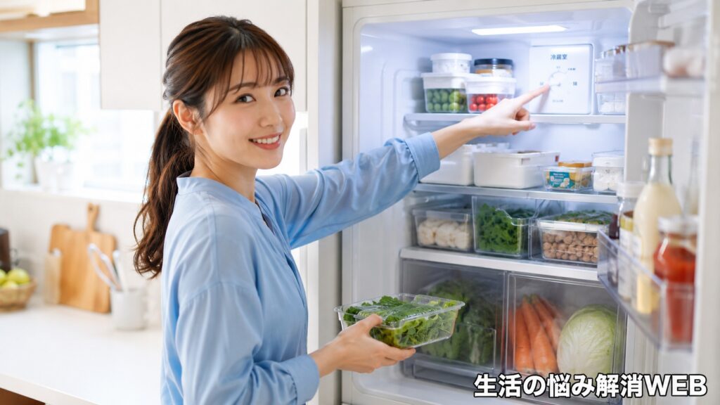 開いた冷蔵庫の温度設定を確認し、野菜を整理しながら調整している女性