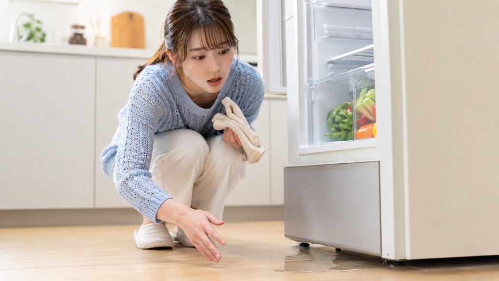 自宅の冷蔵庫から水漏れし、床が濡れている様子に驚く女性