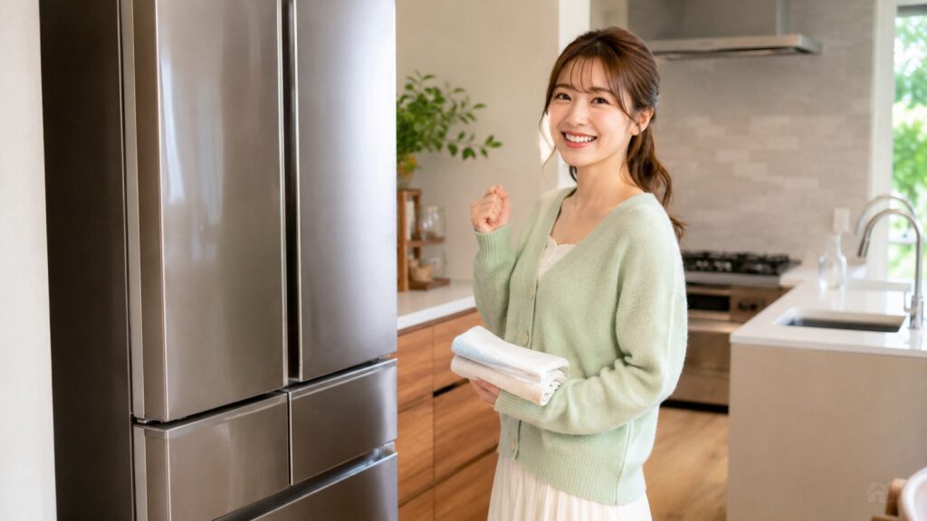 冷蔵庫の水漏れが直り、笑顔の女性