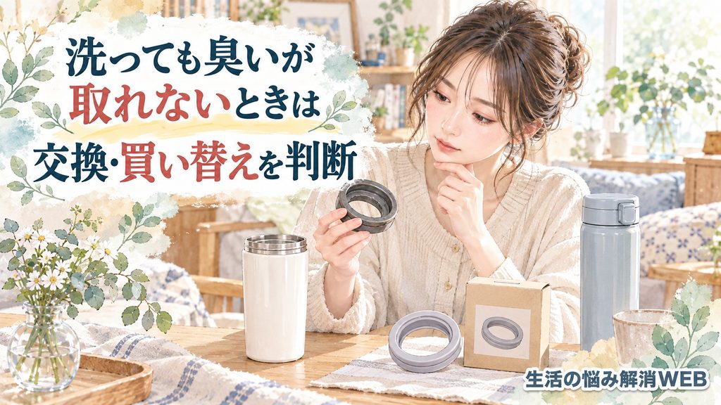 洗っても臭いが取れない水筒のパッキンや部品を確認し、交換や買い替えを検討する女性のイラスト