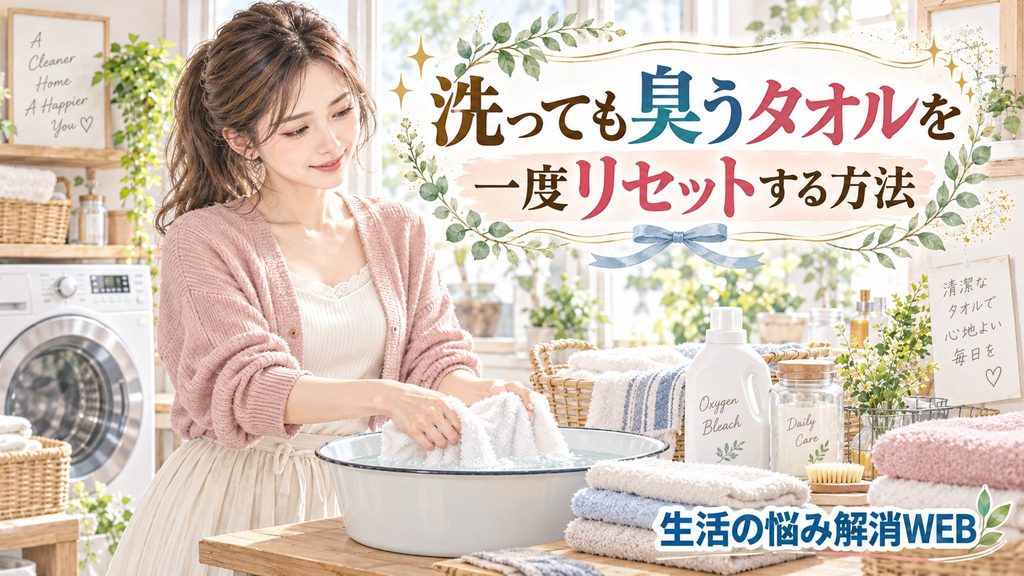 洗っても臭うタオルを洗い直して臭いをリセットする女性のイラスト