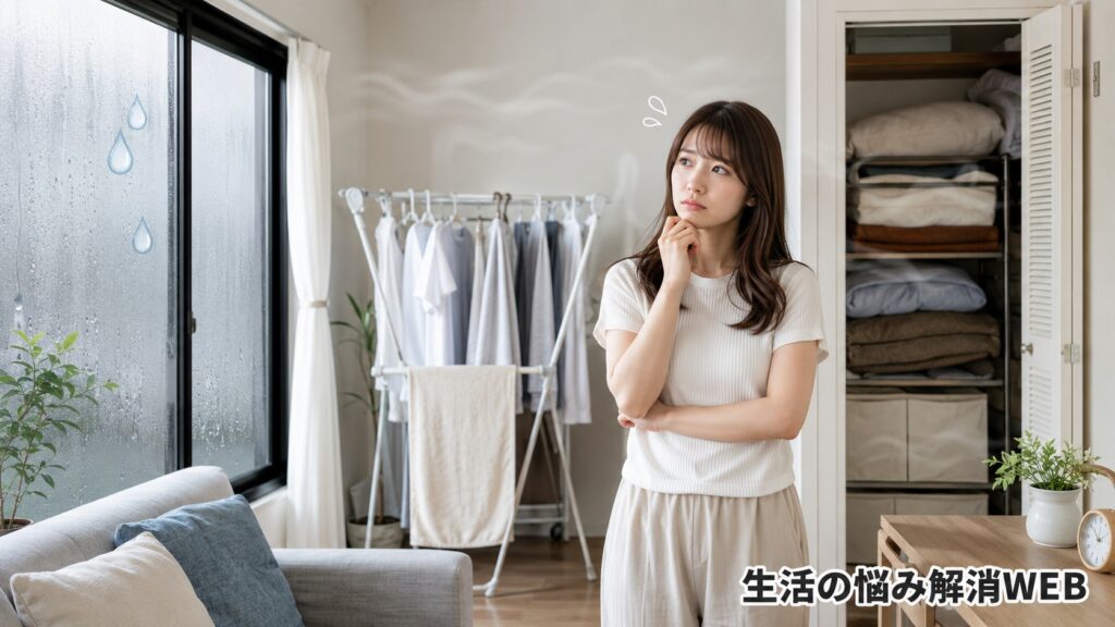 結露した窓や室内干し、収納の湿気に悩む若い女性が部屋のジメジメ原因を考えている様子