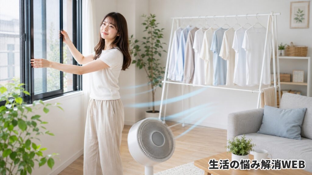 若い女性が窓を開けて換気し、サーキュレーターで室内干しの湿気を逃がしている明るい部屋