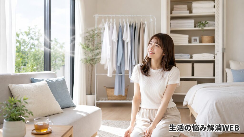 換気と湿気対策で清潔感のある快適な部屋になり、若い女性がリラックスしている様子