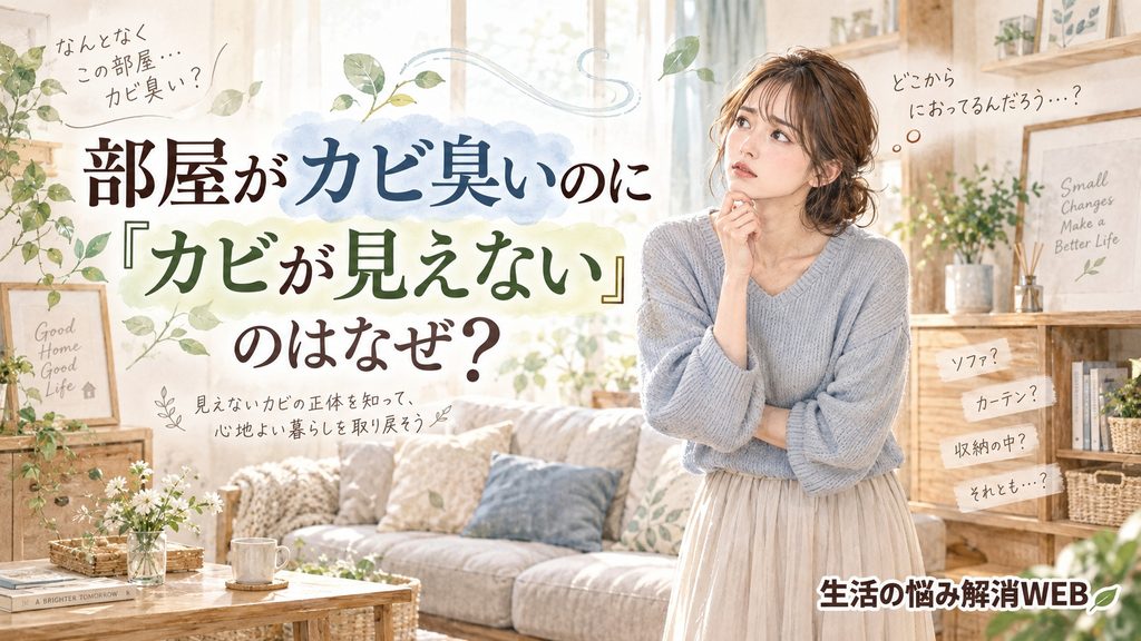カビ臭いのにカビが見えず、明るいリビングで発生源を探して考える女性のイラスト