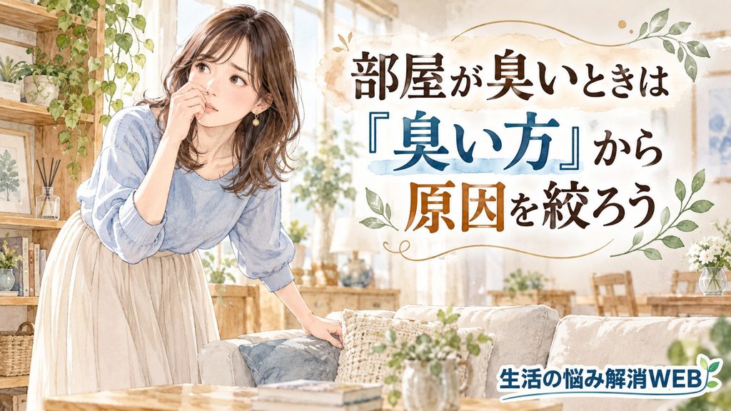 部屋の臭い方を確認しながら原因を絞り込もうとする女性のイラスト