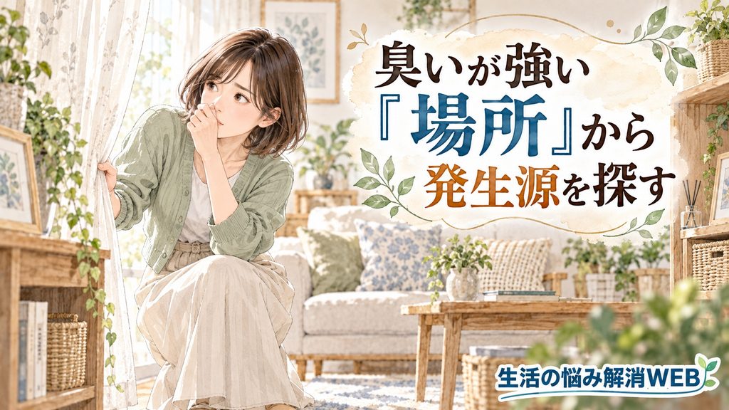 室内の臭いが強い場所を確認しながら発生源を探す女性のイラスト