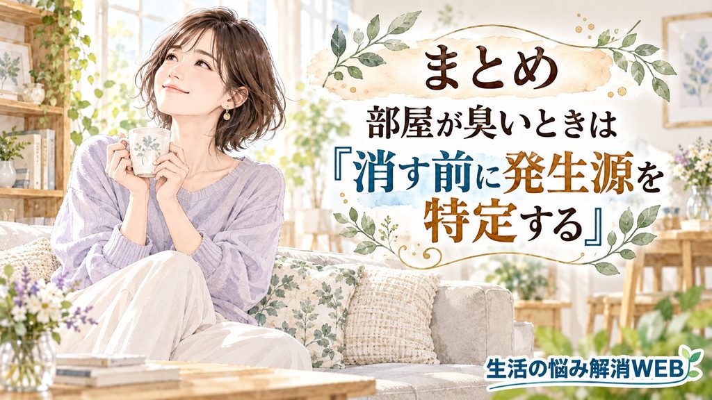 部屋の臭いを消す前に発生源を特定する大切さをまとめた女性のイラスト
