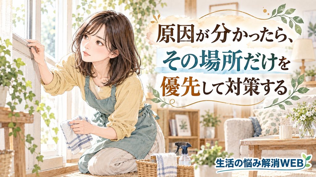 部屋の臭いの原因が分かったあと、その場所を優先して対策する女性のイラスト