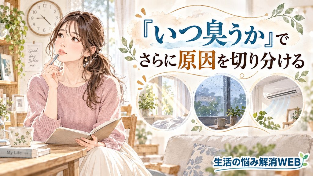 朝や雨の日、エアコン使用時など臭うタイミングから原因を切り分ける女性のイラスト