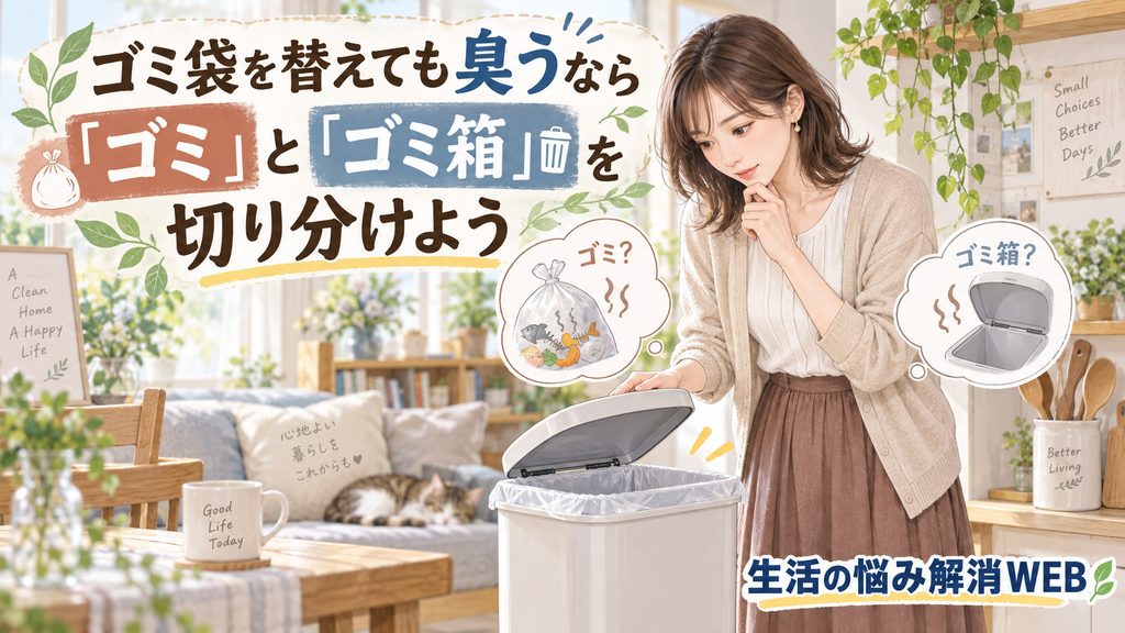 ゴミ袋を替えても臭うときに、ゴミそのものとゴミ箱本体のどちらが原因かを切り分けるポイントを示した、暮らし系イラストの画像。