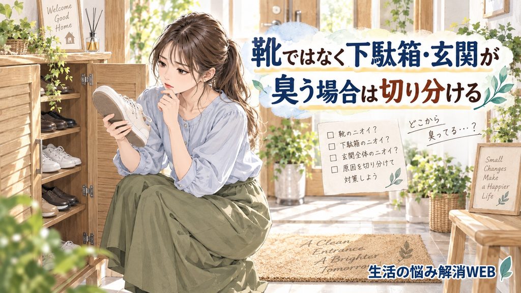 靴と下駄箱・玄関のどこから臭っているのかを切り分けて確認する女性のイラスト
