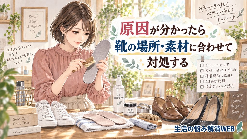インソールや靴の素材に合わせてお手入れ方法を確認する女性のイラスト