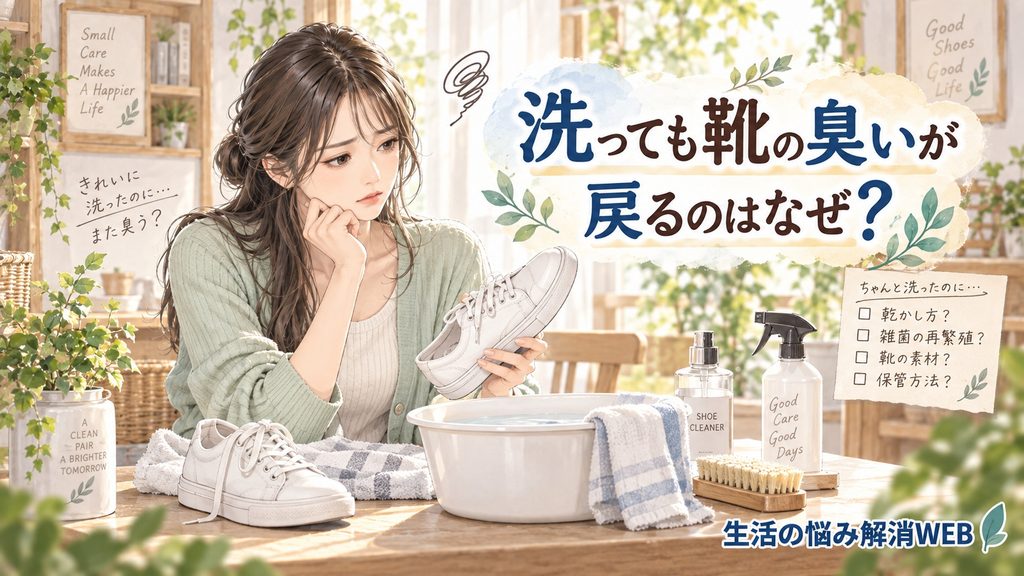 洗った靴の臭いが戻る原因を考えながら、靴の状態を確認する女性のイラスト