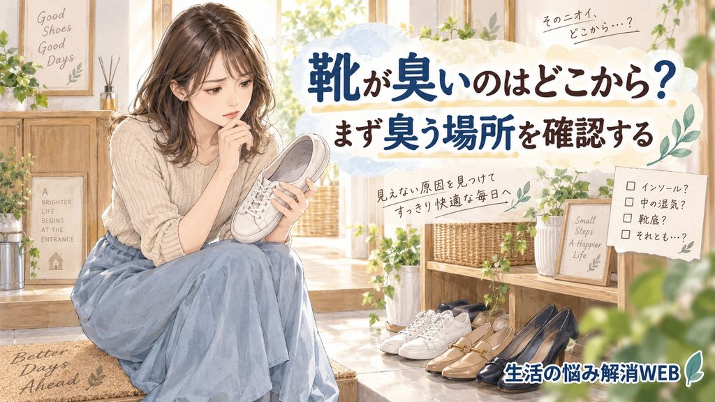 靴の臭いがどこから発生しているのか、靴の内部を確認する女性のイラスト