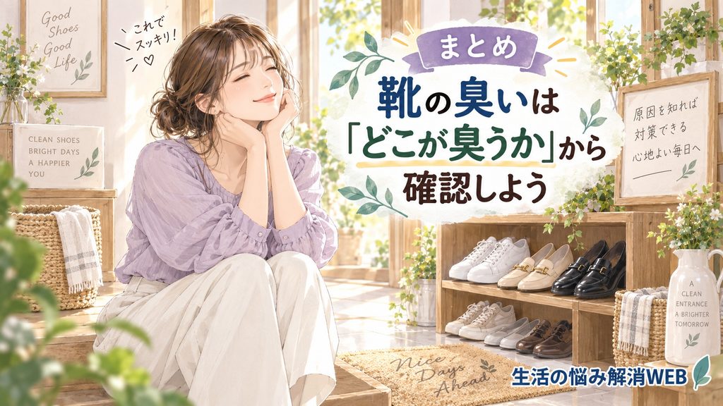 靴の臭いの発生源を確認し、きれいに整った玄関で安心する女性のイラスト