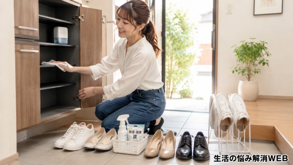 靴を取り出して靴箱の棚を拭き掃除し、除湿・脱臭用品を準備している女性