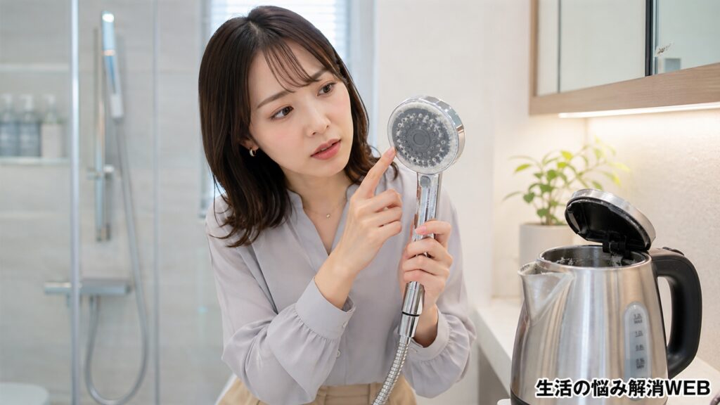 シャワーヘッドと電気ケトルの白い水垢を確認しながら掃除の準備をする女性