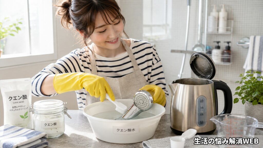 クエン酸水にシャワーヘッドを浸け置きし、電気ケトルと一緒に水垢掃除をする女性