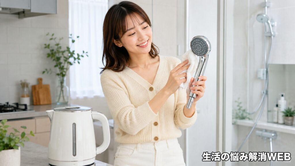 シャワーヘッドの白い水垢を確認し、電気ケトルの汚れ対策も意識している女性
