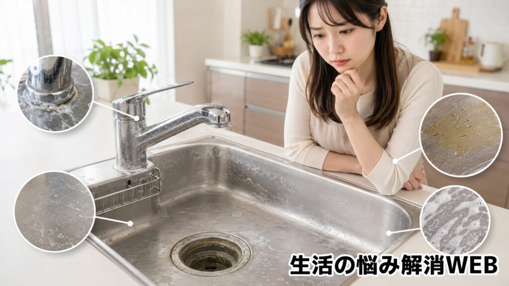 水垢や油膜、石けんカスが付いたキッチンシンクを見つめながら、原因を考えている若い女性の様子