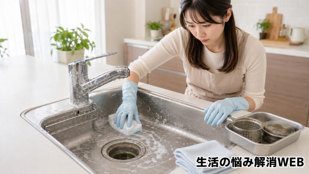 手袋を着けた若い女性が、キッチンシンクの排水口まわりやシンク内をスポンジで丁寧に掃除している様子