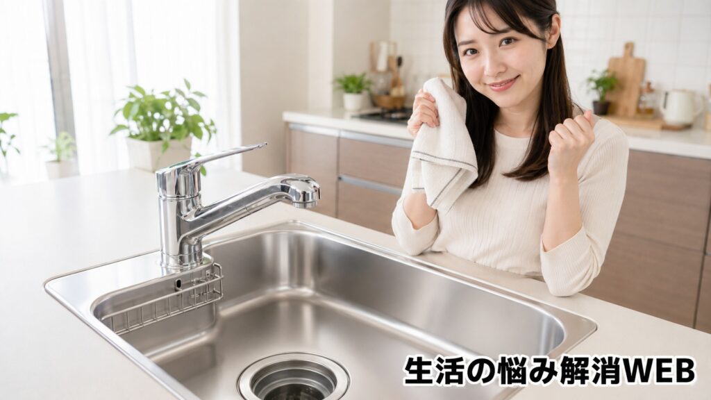 掃除後のきれいなキッチンシンクの前で、タオルを持ちながら満足そうに微笑む若い女性の様子