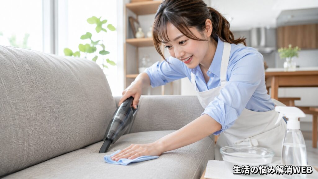 ハンディ掃除機とクロスを使ってソファの汚れを掃除する女性。