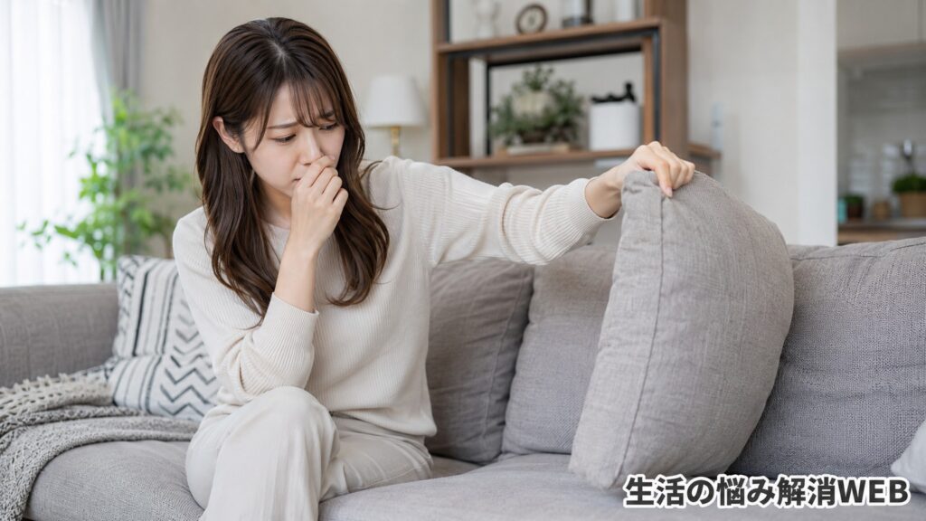 ソファの臭いが気になり、クッションを持ち上げて確認する女性