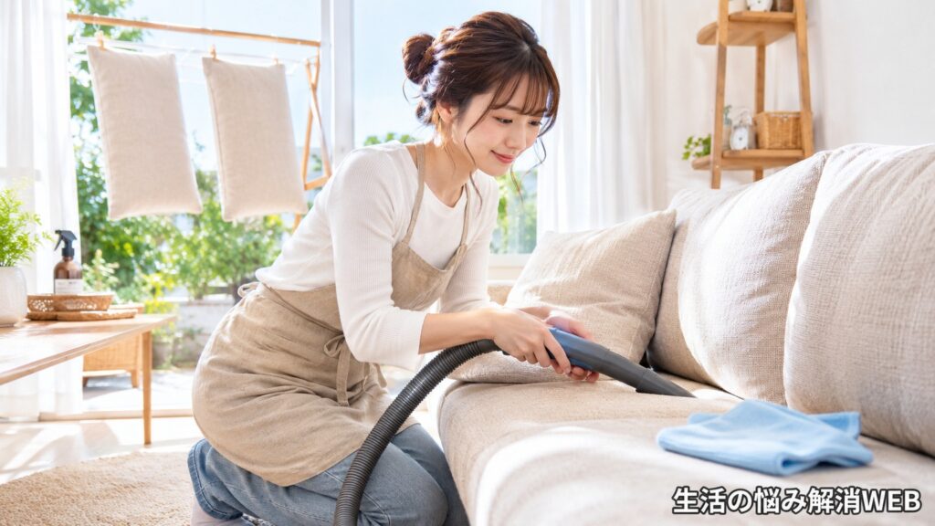 明るいリビングでソファの隙間を掃除機で掃除する女性