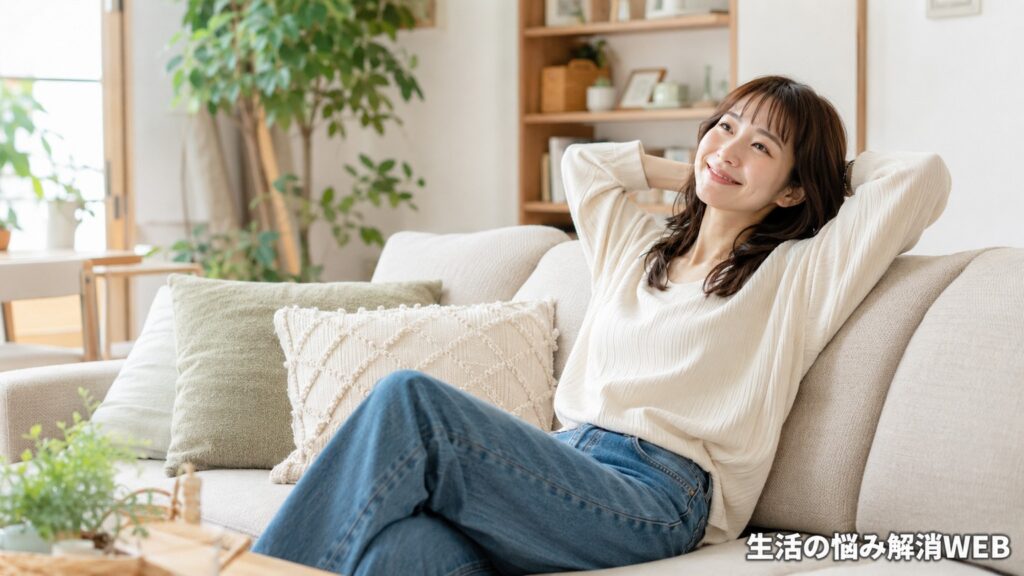 清潔になったソファで気持ちよくリラックスする女性
