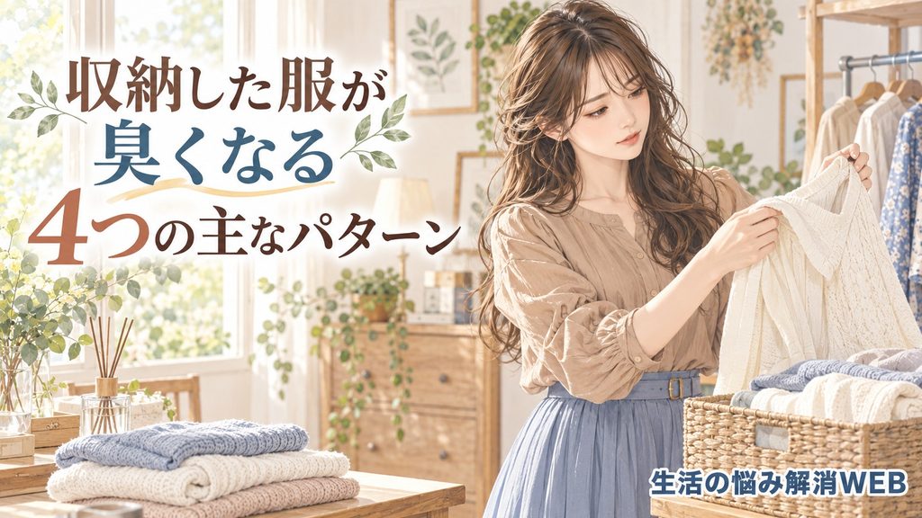 収納した服が臭くなる主なパターンを確認する女性のイラスト