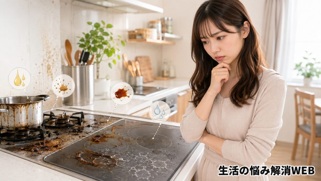 焦げや油汚れ、水垢が付いたキッチンコンロとIHを前に、原因を考え込む若い女性の様子