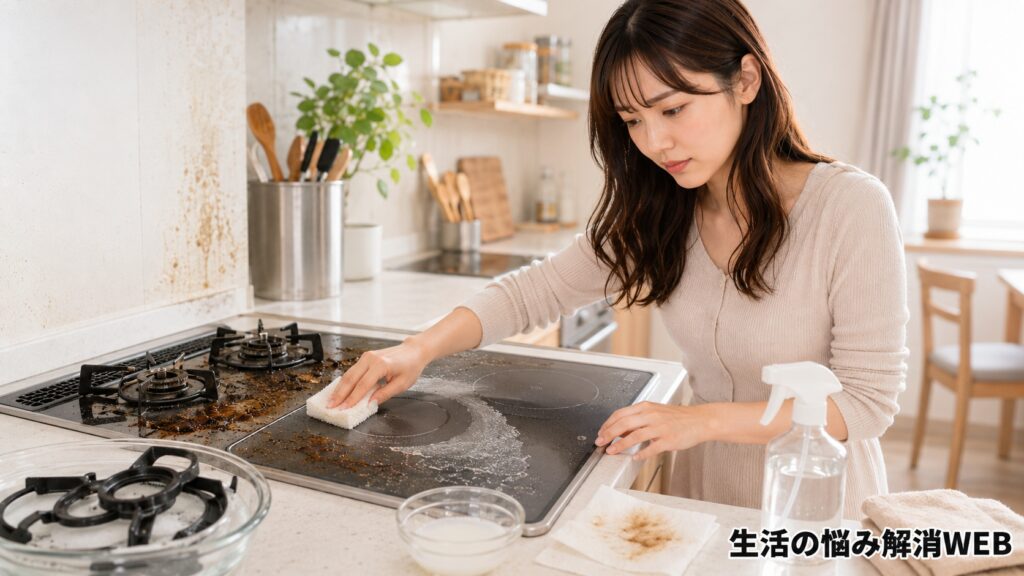 若い女性が汚れたガスコンロとIHをスポンジで丁寧に掃除している明るいキッチンの様子