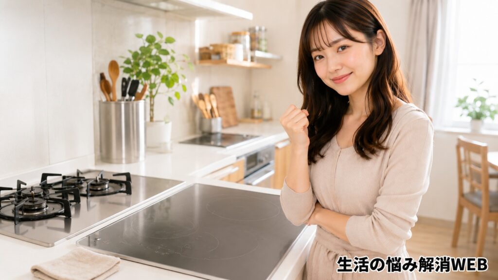 掃除後のきれいなガスコンロとIHの前で、満足そうにほほえむ若い女性が立つキッチンの様子