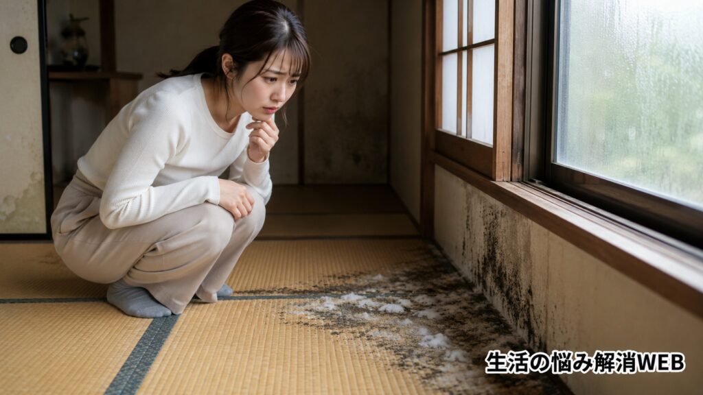 湿気の多い和室で畳や窓際に発生したカビを見つけ、心配そうに確認している若い女性