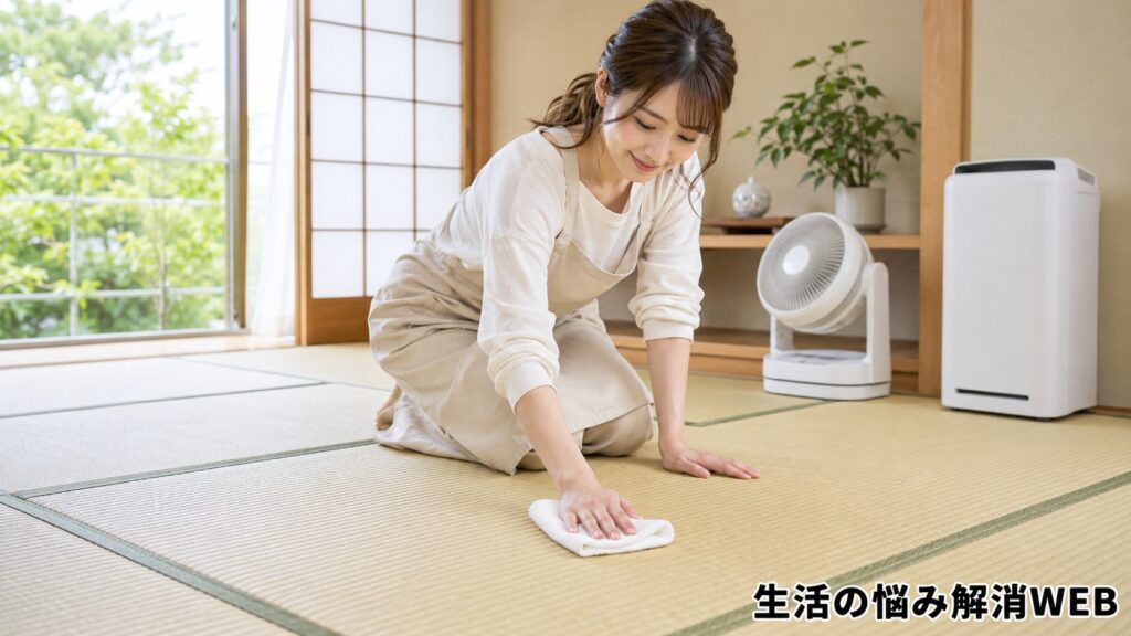明るい和室で畳の目に沿ってやさしく拭き掃除し、換気と除湿でカビ対策をしている若い女性