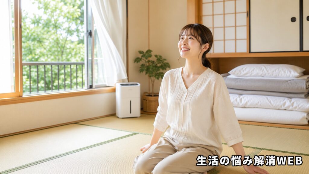 清潔で風通しの良い和室の畳の上で、カビ対策後の快適な空間に安心している若い女性