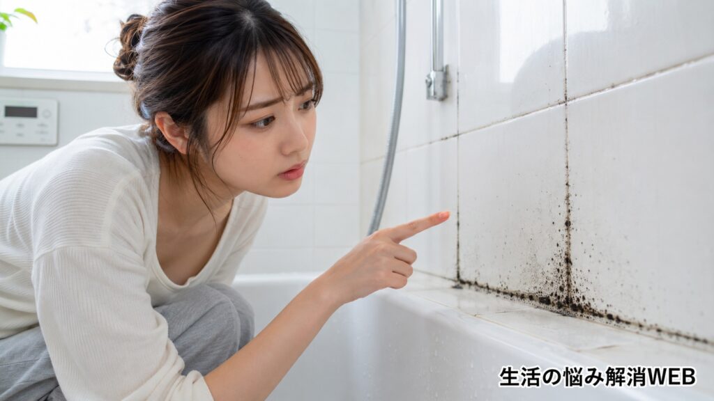 浴室のタイル目地に発生した黒カビを、若い女性がしゃがみながら指差して確認している様子