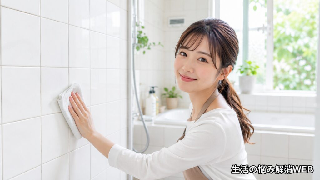明るく清潔な浴室で、若い女性がタイル壁を拭き上げながら黒カビ予防の掃除をしている様子