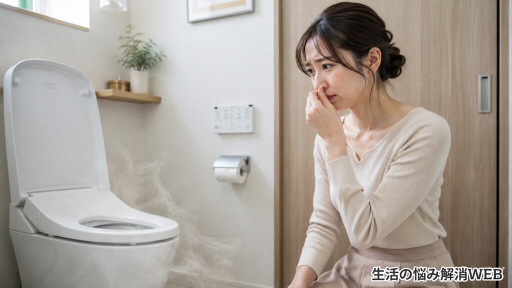 トイレの便器からの嫌な臭いに気づき、鼻を押さえて困った表情を見せる若い女性