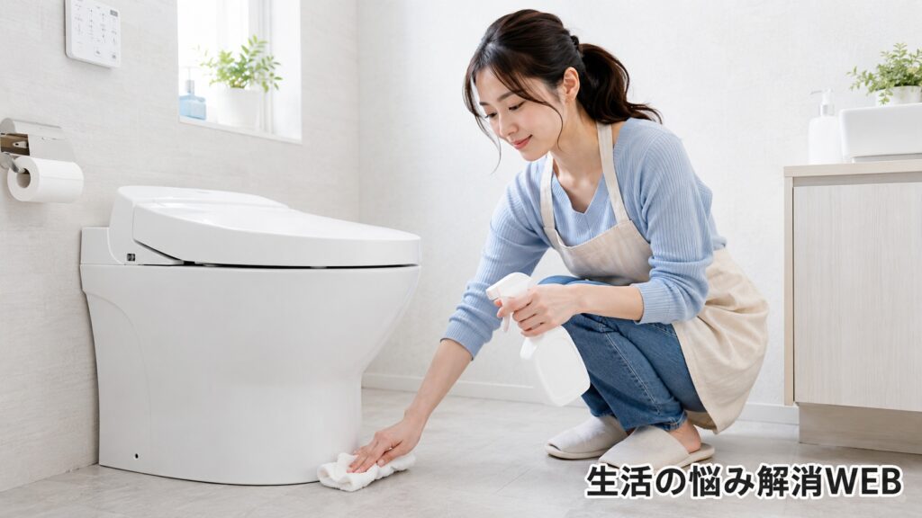 明るいトイレ空間で、便器まわりの床を拭き掃除しながら臭い対策をする若い女性