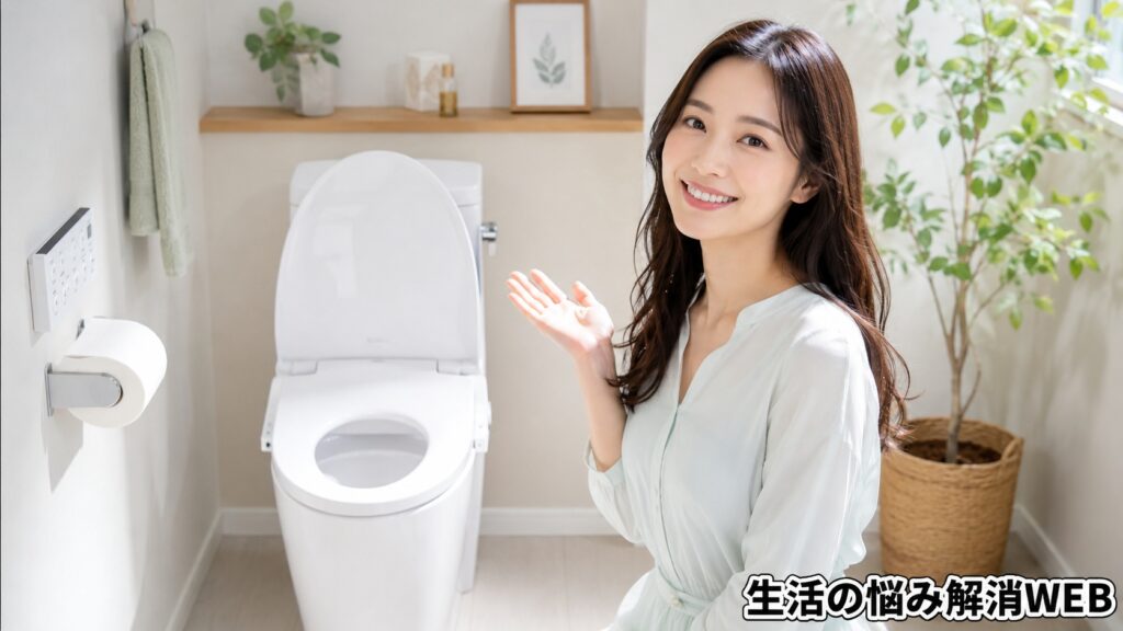 清潔で明るいトイレ空間を背景に、臭い対策後の快適さを紹介する笑顔の若い女性