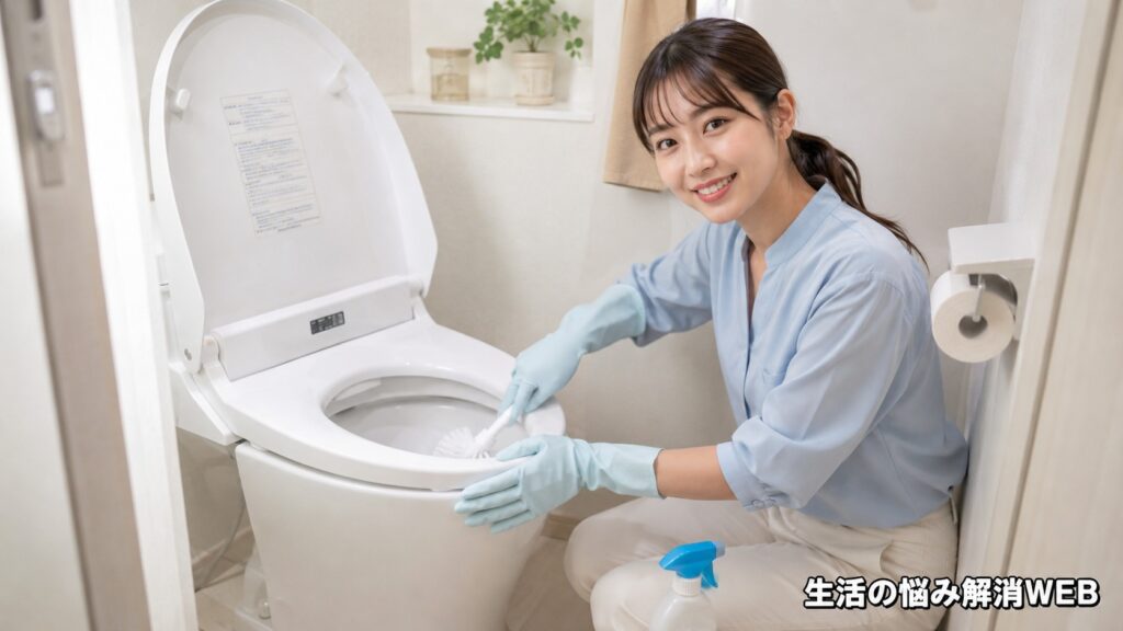 手袋を着けた女性がトイレブラシで便器を掃除している様子