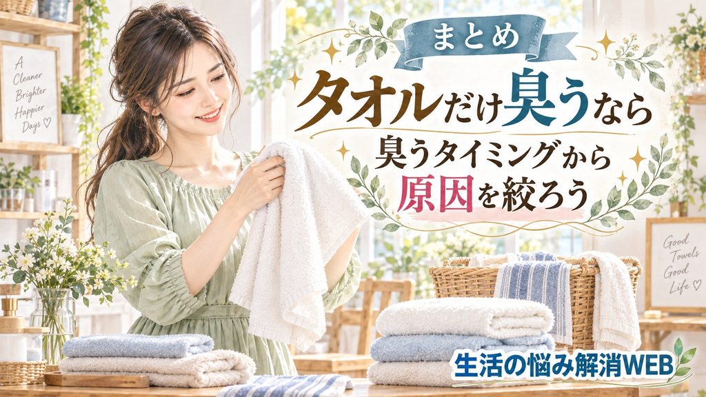 清潔になったタオルを確認しながら、臭うタイミングから原因を整理する女性のイラスト
