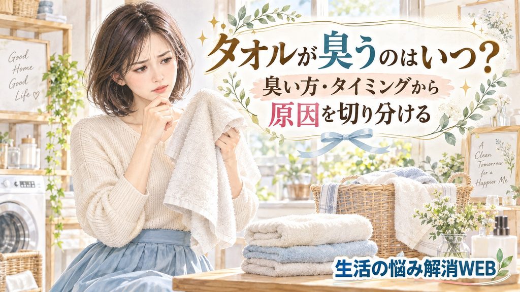 タオルの臭いが気になるタイミングを確認しながら原因を考える女性のイラスト
