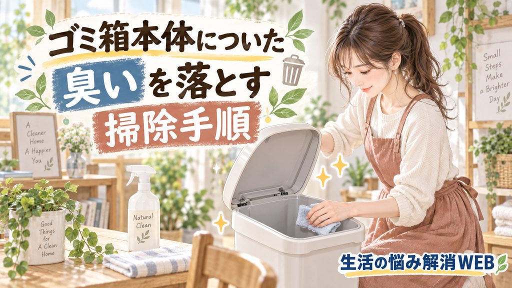 ゴミ箱本体についた臭いを落とす掃除手順をテーマに、女性が開けたゴミ箱を布で拭き掃除している暮らし系イラストの画像。